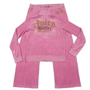 Pink Juicy Couture Matching Tracksuit Set XL Large Jacket Pants Logo Vintage Y2k